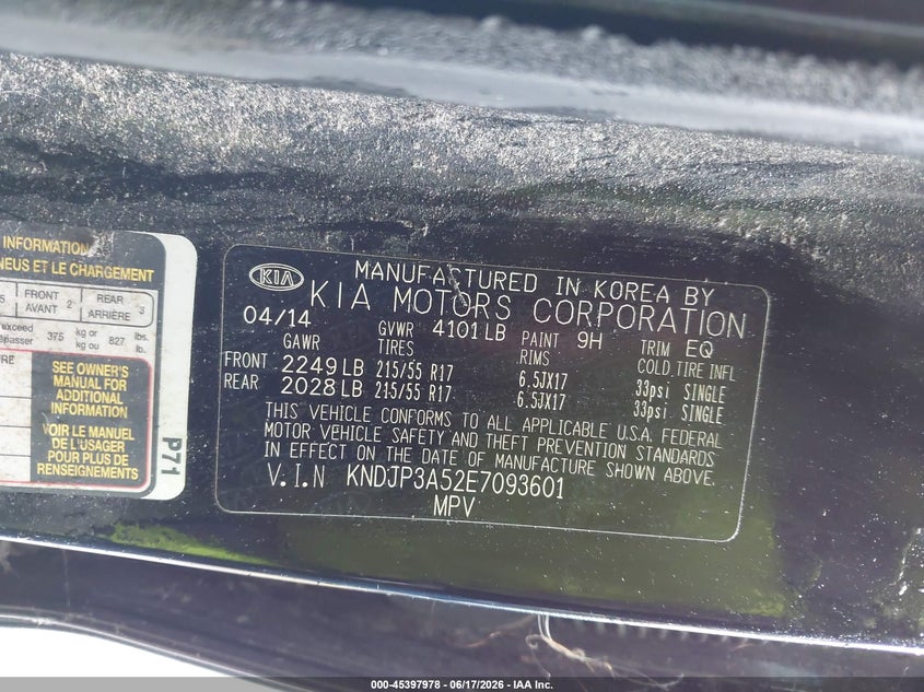 2014 Kia Soul VIN KNDJP3A52E7093601 IAAI salvage auction — FRONT END, Clear (Indiana), sold $675 on 2026-07-28 (photo 9)