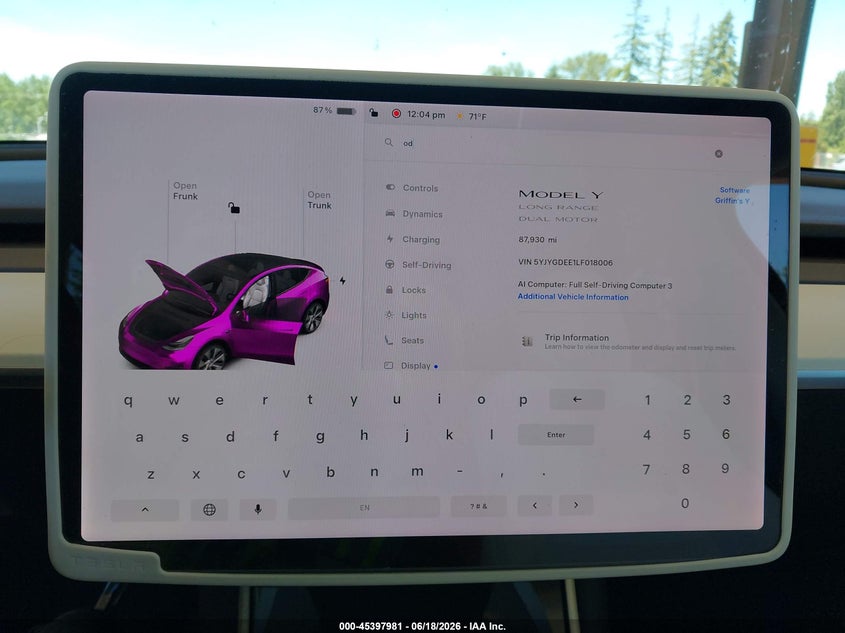 2020 Tesla Model y VIN 5YJYGDEE1LF018006 IAAI salvage auction — FRONT END, Salvage Title, sold $6,800 on 2026-07-23 (photo 7)