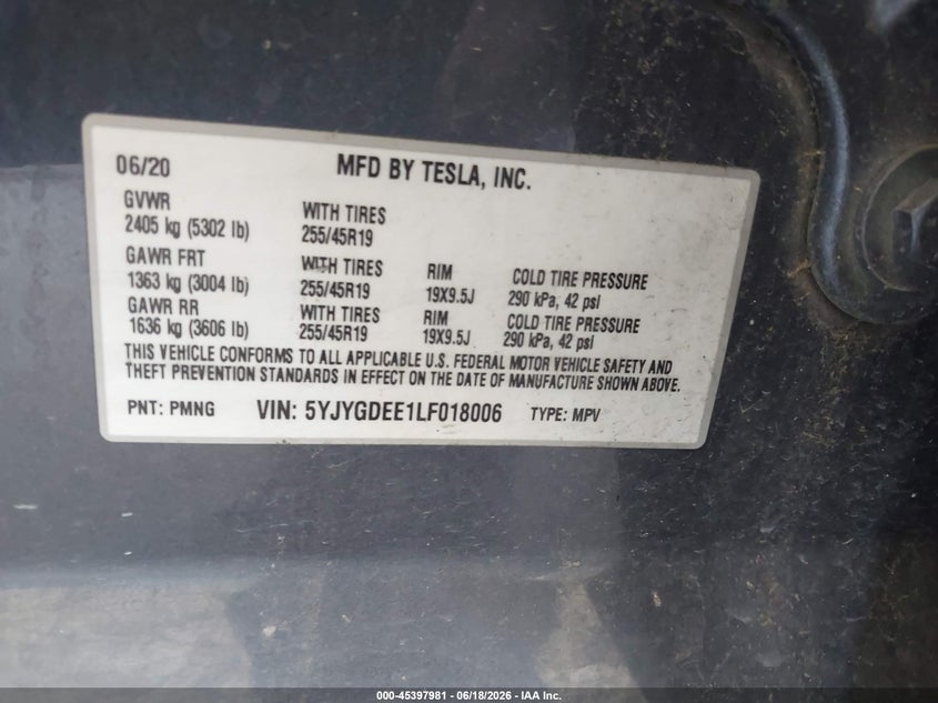 2020 Tesla Model y VIN 5YJYGDEE1LF018006 IAAI salvage auction — FRONT END, Salvage Title, sold $6,800 on 2026-07-23 (photo 9)