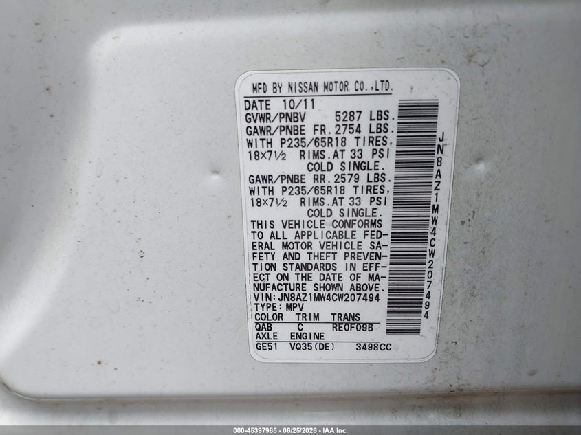 2012 Nissan Murano VIN JN8AZ1MW4CW207494 IAAI salvage auction — FRONT END, Salvage (Ohio), sold $25 on 2026-07-16 (photo 9)