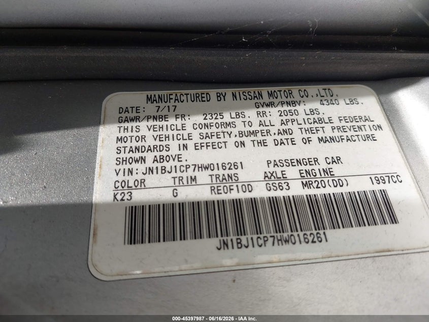 2017 Nissan Rogue VIN JN1BJ1CP7HW016261 IAAI salvage auction — FRONT END, Rebuildable (Florida), sold $1,675 on 2026-07-06 (photo 9)