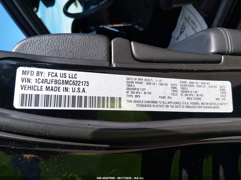2021 Jeep Grand cherokee VIN 1C4RJFBG8MC622173 IAAI salvage auction — HAIL, Salvage Title, sold $8,900 on 2026-07-12 (photo 9)