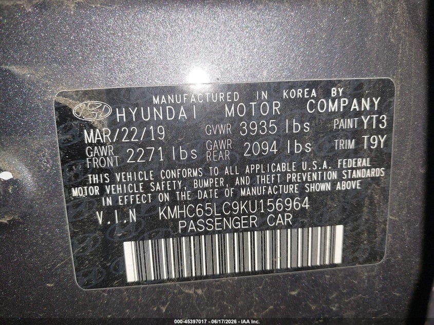 2019 Hyundai Ioniq hybrid VIN KMHC65LC9KU156964 IAAI salvage auction — NORMAL WEAR, Sf97 (New York), sold $9,475 on 2026-07-23 (photo 9)