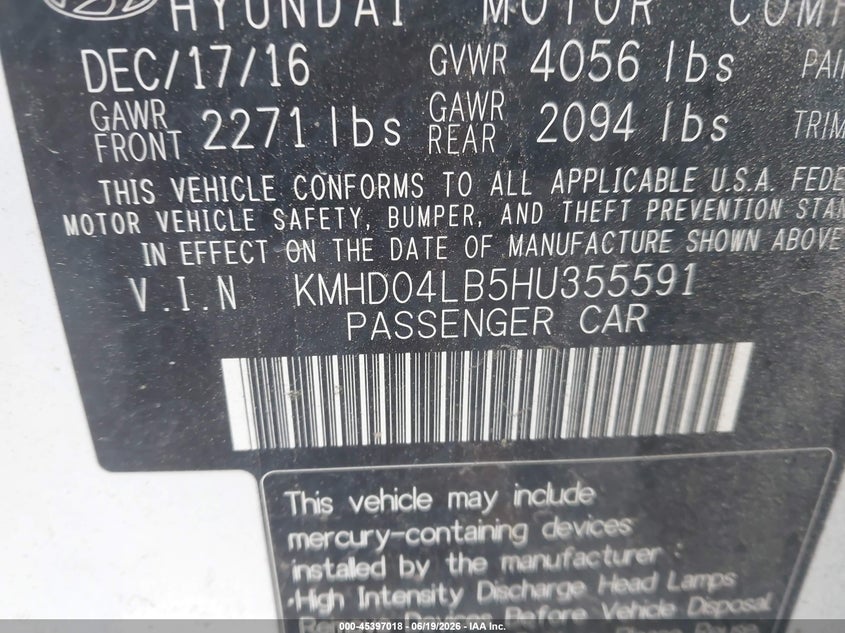 2017 Hyundai Elantra VIN KMHD04LB5HU355591 IAAI salvage auction — RIGHT REAR, Mv-907A (New York), sold $2,950 on 2026-07-21 (photo 9)
