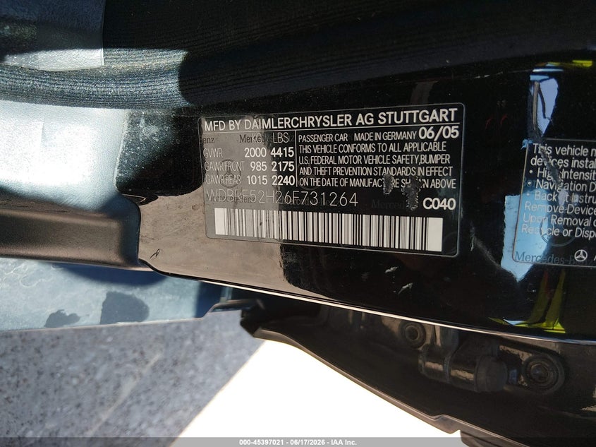 2006 Mercedes-benz C class VIN WDBRF52H26F731264 IAAI salvage auction — NORMAL WEAR, Original (Texas), sold $550 on 2026-08-15 (photo 9)