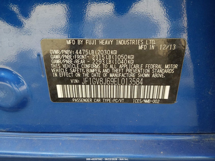 2014 Subaru Impreza wrx VIN JF1GV8J69EL013584 IAAI salvage auction — RIGHT SIDE, Salvage (Tennessee), sold $5,050 on 2026-07-08 (photo 9)