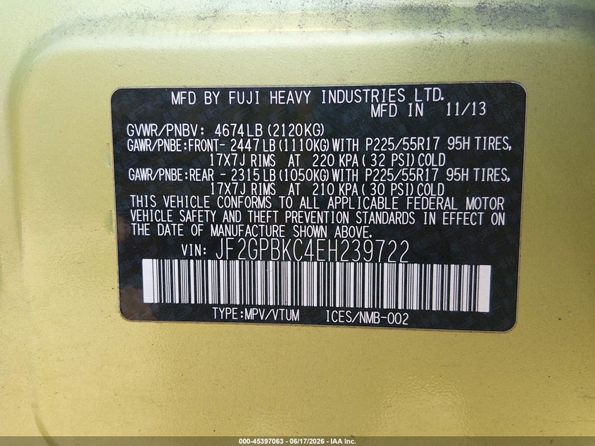 2014 Subaru Xv VIN JF2GPBKC4EH239722 IAAI salvage auction — NORMAL WEAR, Original (West Virginia), sold $925 on 2026-07-15 (photo 9)