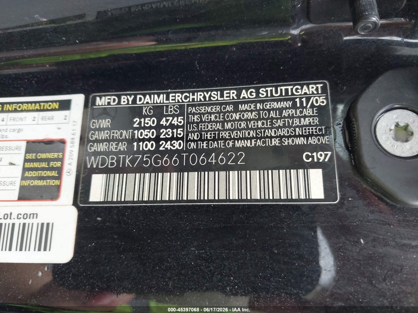 2006 Mercedes-benz Clk-class VIN WDBTK75G66T064622 IAAI salvage auction — NORMAL WEAR, Clear (Mississippi), sold $250 on 2026-07-10 (photo 9)