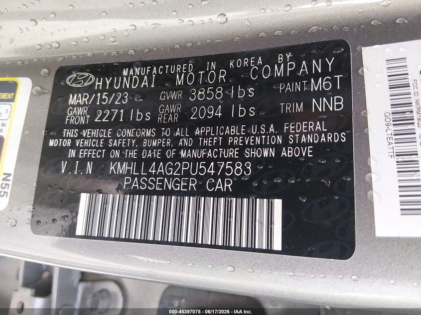 2023 Hyundai Elantra VIN KMHLL4AG2PU547583 IAAI salvage auction — LEFT FRONT, Clear (South Carolina), sold $25 on 2026-07-29 (photo 9)