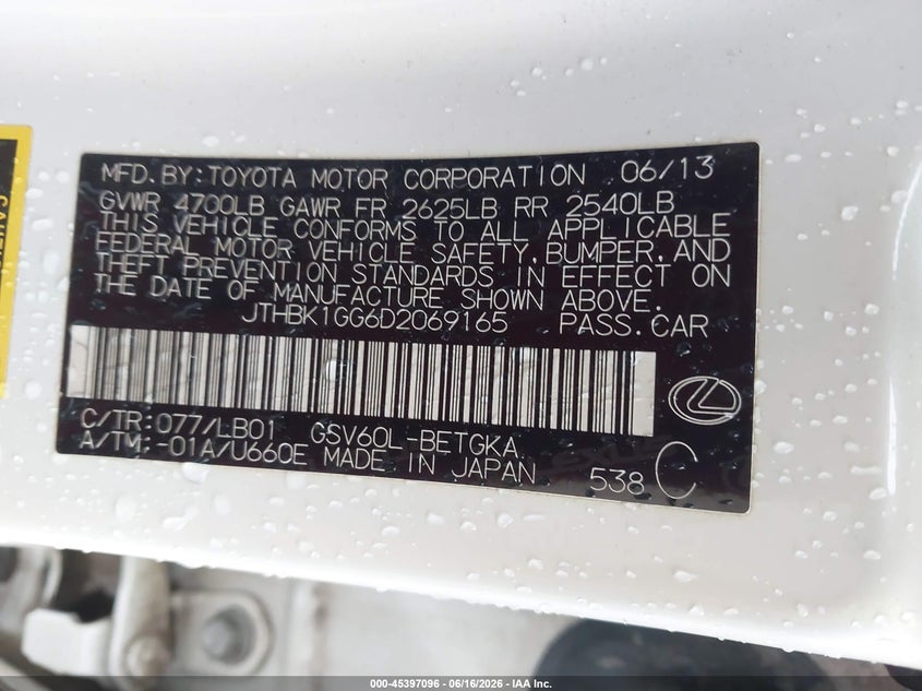 2013 Lexus ES VIN JTHBK1GG6D2069165 IAAI salvage auction — FRONT END, Salvage (Alabama), sold $1,125 on 2026-07-15 (photo 9)