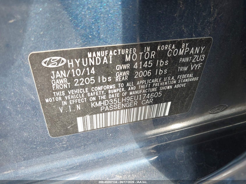 2014 Hyundai Elantra VIN KMHD35LH9EU174605 IAAI salvage auction — FRONT END, Clear (Indiana), sold $2,650 on 2026-07-22 (photo 9)