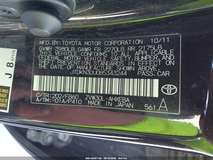 2011 Toyota Prius VIN JTDKN3DU0B5343244 IAAI salvage auction — WATER/FLOOD, Certificate Of Title (Nebraska), sold $1,350 on 2026-07-23 (photo 9)