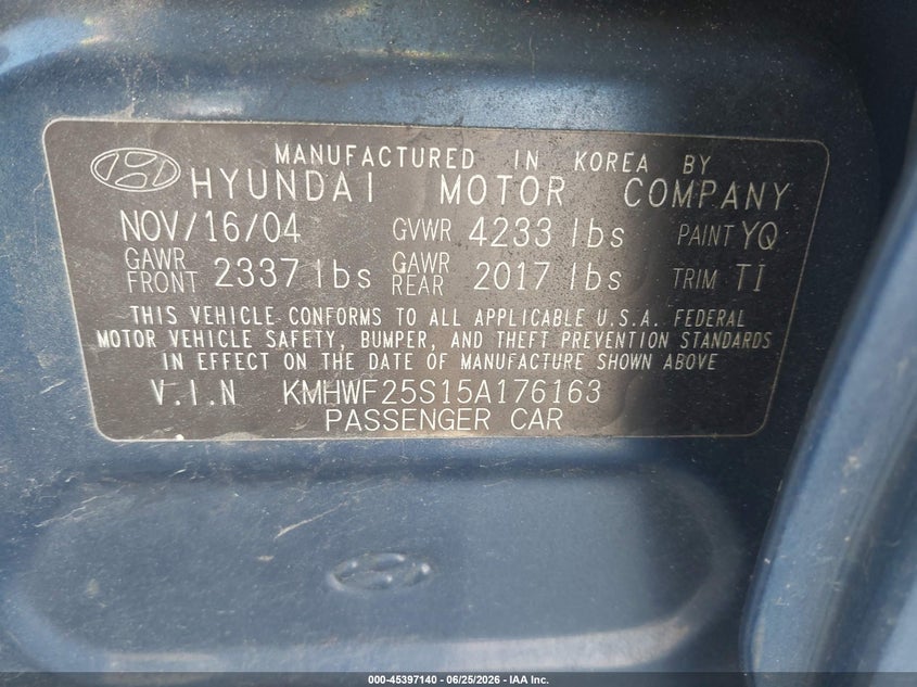 2005 Hyundai Sonata VIN KMHWF25S15A176163 IAAI salvage auction — RIGHT REAR, Salvage (Pennsylvania), sold $25 on 2026-07-10 (photo 9)
