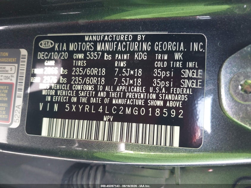 2021 Kia Sorento VIN 5XYRL4LC2MG018592 IAAI salvage auction — LEFT FRONT, Certificate Of Destruction (Florida), sold $4,600 on 2026-07-30 (photo 9)
