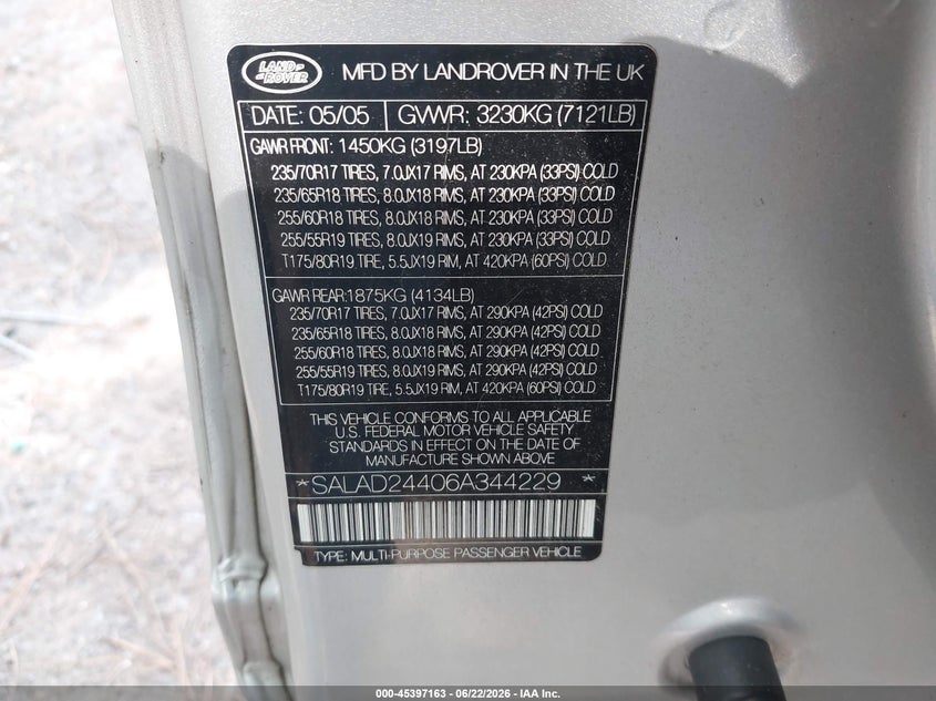 2006 Land rover Lr3 VIN SALAD24406A344229 IAAI salvage auction — REPOSSESSION, Clear (Virginia), sold $25 on 2026-07-28 (photo 9)