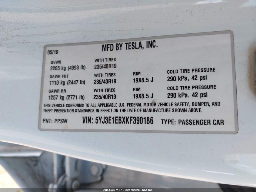 2019 Tesla Model 3 VIN 5YJ3E1EBXKF390186 IAAI salvage auction — FRONT END, Salvage (Idaho), sold $2,250 on 2026-07-22 (photo 9)