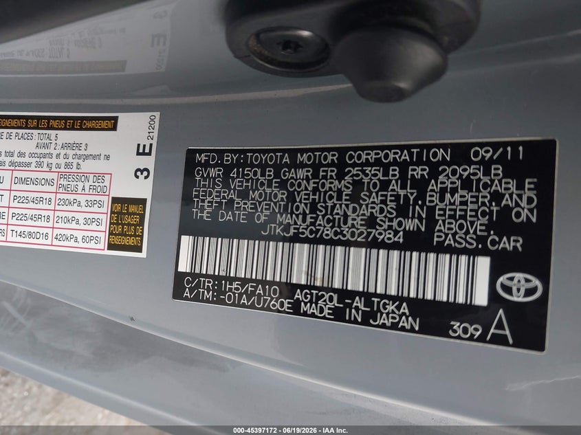 2012 Scion Tc VIN JTKJF5C78C3027984 IAAI salvage auction — FRONT END, Salvage Title, sold $1,050 on 2026-07-10 (photo 9)