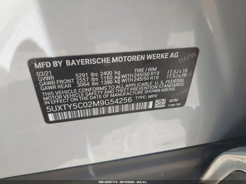 2021 BMW X3 VIN 5UXTY5C02M9G54256 IAAI salvage auction — LEFT SIDE, Mv-907A (New York), sold $9,800 on 2026-07-21 (photo 9)