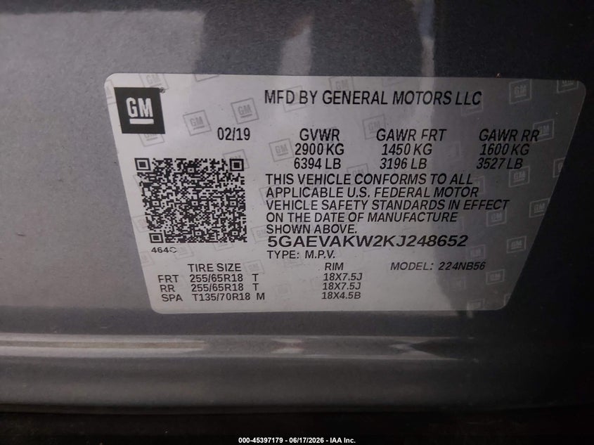 2019 Buick Enclave VIN 5GAEVAKW2KJ248652 IAAI salvage auction — HAIL, Salvage (Tennessee), sold $5,900 on 2026-08-20 (photo 9)