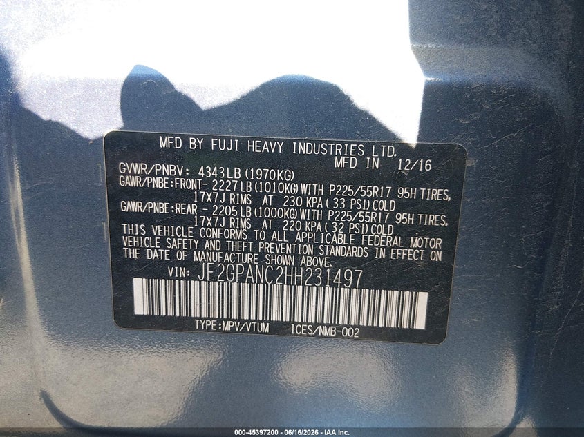 2017 Subaru Crosstrek VIN JF2GPANC2HH231497 IAAI salvage auction — NORMAL WEAR, Clear (Pennsylvania), sold $925 on 2026-07-29 (photo 9)