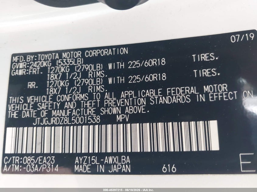 2020 Lexus Nx VIN JTJGJRDZ8L5001538 IAAI salvage auction — SIDE, Salvage Title, sold $9,300 on 2026-07-22 (photo 9)