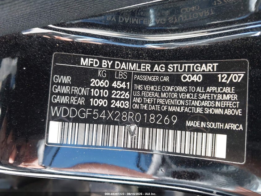 2008 Mercedes-benz C class VIN WDDGF54X28R018269 IAAI salvage auction — RIGHT SIDE, Salvage (California), sold $325 on 2026-07-29 (photo 9)