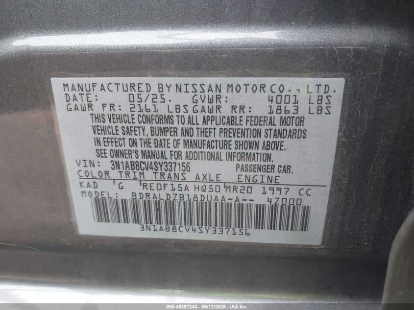 2025 Nissan Sentra VIN 3N1AB8CV4SY337156 IAAI salvage auction — FRONT END, Scrap (Michigan), sold $2,000 on 2026-07-30 (photo 9)