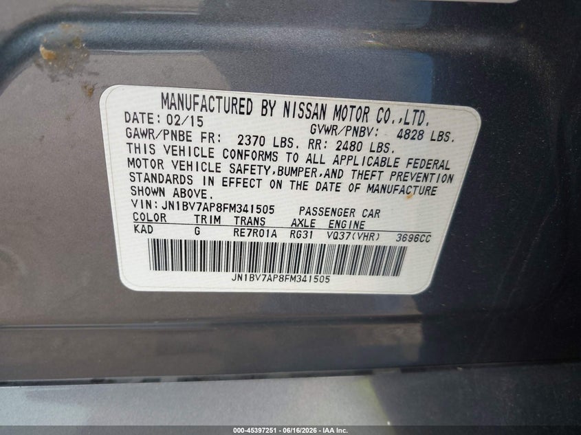 2015 Infiniti Q50 VIN JN1BV7AP8FM341505 IAAI salvage auction — NORMAL WEAR, Original (Texas), sold $1,400 on 2026-07-22 (photo 9)