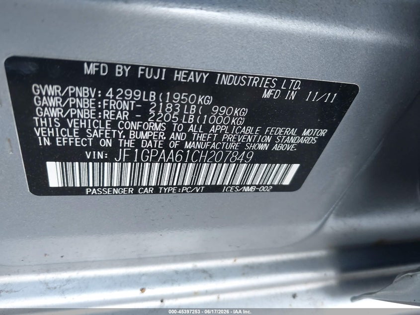 2012 Subaru Impreza VIN JF1GPAA61CH207849 IAAI salvage auction — FRONT END, Salvage Title, sold $400 on 2026-07-09 (photo 9)