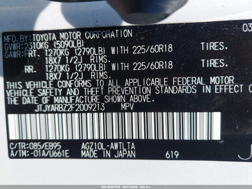 2015 Lexus VIN JTJYARBZ2F2009213 IAAI salvage auction — FRONT END, Salvage (Virginia), sold $6,600 on 2026-07-27 (photo 9)