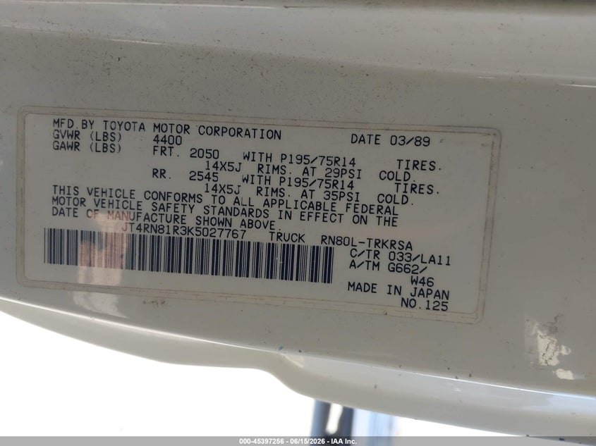 1989 Toyota Pickup VIN JT4RN81R3K5027767 IAAI salvage auction — NORMAL WEAR, Clear - Dealer Only (California), sold $1,650 on 2026-07-09 (photo 9)