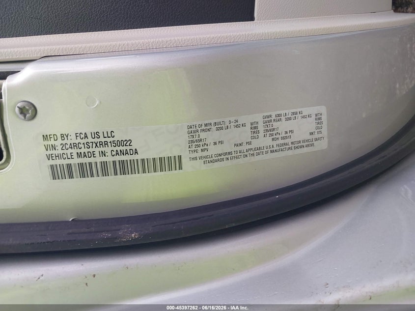 2024 Chrysler Pacifica VIN 2C4RC1S7XRR150022 IAAI salvage auction — ENGINE DAMAGE, Enterprise Vehicles Clear Only (Washington), sold $14,050 on 2026-07-30 (photo 9)