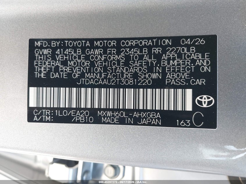 2026 Toyota Prius VIN JTDACAAU2T3081220 IAAI salvage auction — SIDE, Salvage Title, sold $10,400 on 2026-07-22 (photo 9)