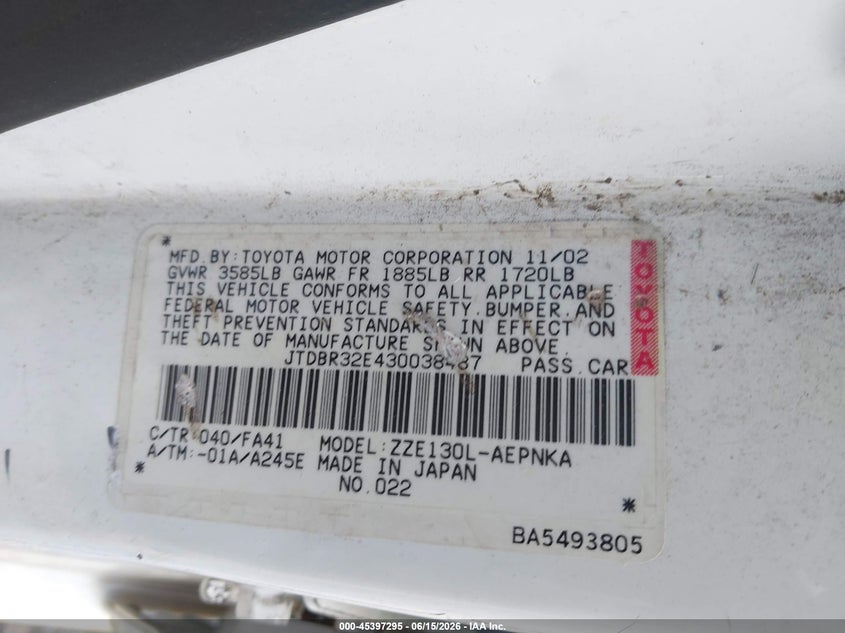 2003 Toyota Corolla VIN JTDBR32E430038487 IAAI salvage auction — NORMAL WEAR, Clear (Michigan), sold $500 on 2026-07-06 (photo 9)