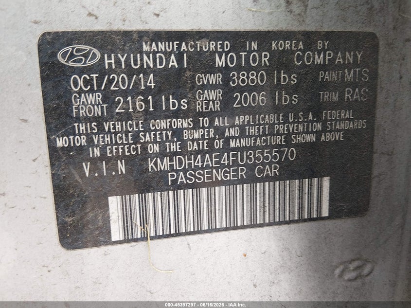 2015 Hyundai Elantra VIN KMHDH4AE4FU355570 IAAI salvage auction — REAR END, Nrc Lienholder Repossession Paperwork (Texas), sold $600 on 2026-07-14 (photo 9)