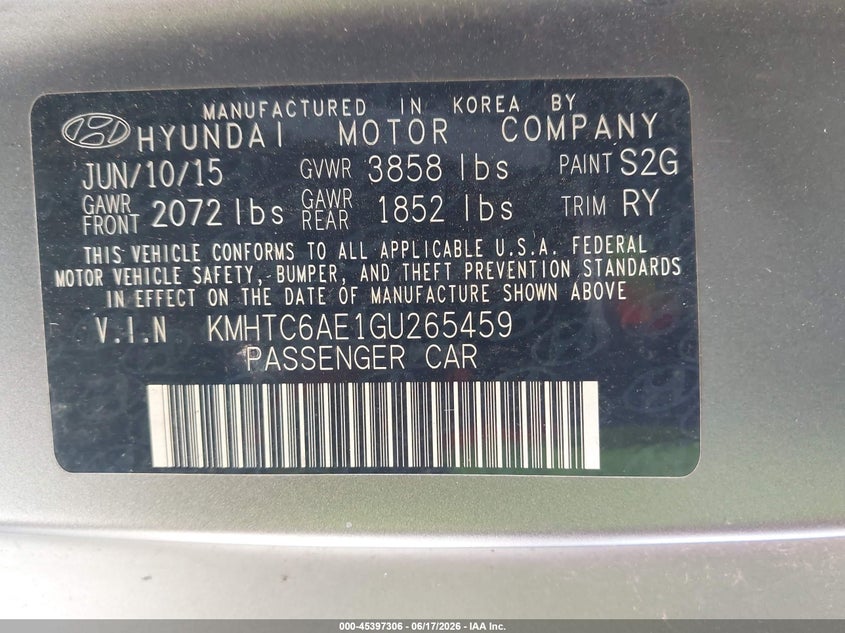 2016 Hyundai Veloster VIN KMHTC6AE1GU265459 IAAI salvage auction — FRONT & REAR, Bill Of Sale (Washington), sold $1,150 on 2026-07-15 (photo 9)