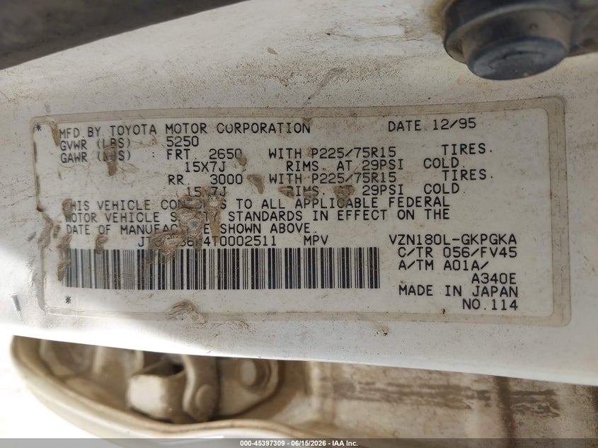 1996 Toyota 4runner VIN JT3GN86R4T0002511 IAAI salvage auction — NORMAL WEAR, Clear - Dealer Only (California), sold $450 on 2026-07-14 (photo 9)