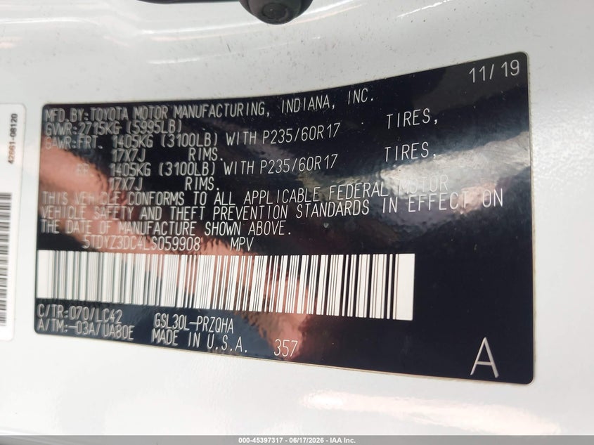 2020 Toyota Sienna VIN 5TDYZ3DC4LS059908 IAAI salvage auction — FRONT END, Salvage (Virginia), sold $3,825 on 2026-07-14 (photo 9)