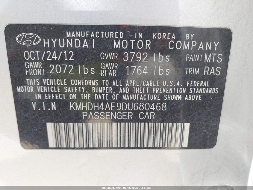 2013 Hyundai Elantra VIN KMHDH4AE9DU680468 IAAI salvage auction — NORMAL WEAR, Clear-Dealer Only (Arizona), sold $1,250 on 2026-07-28 (photo 9)