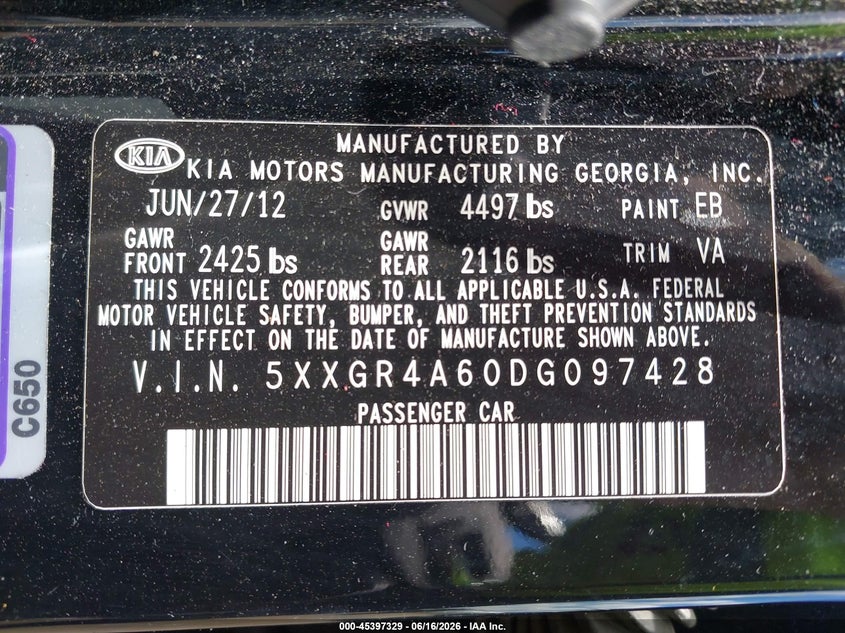 2013 Kia Optima VIN 5XXGR4A60DG097428 IAAI salvage auction — LEFT SIDE, Salvage (Ohio), sold $275 on 2026-07-16 (photo 9)