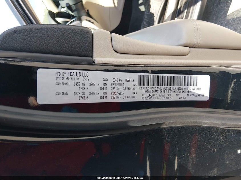 2019 Jeep Grand cherokee VIN 1C4RJFAG7KC837008 IAAI salvage auction — NORMAL WEAR, Sf97 (Maryland), sold $11,225 on 2026-07-27 (photo 9)