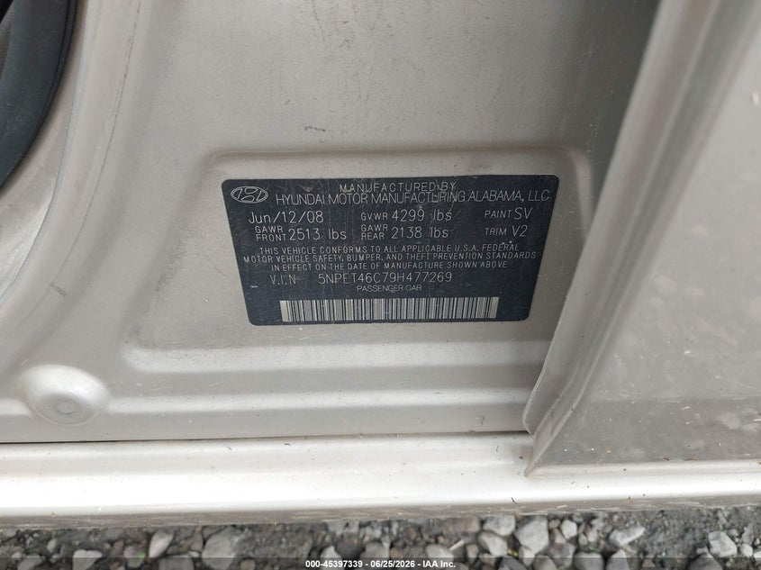 2009 Hyundai Sonata VIN 5NPET46C79H477269 IAAI salvage auction — NORMAL WEAR, Clear (Oklahoma), sold $275 on 2026-07-16 (photo 9)