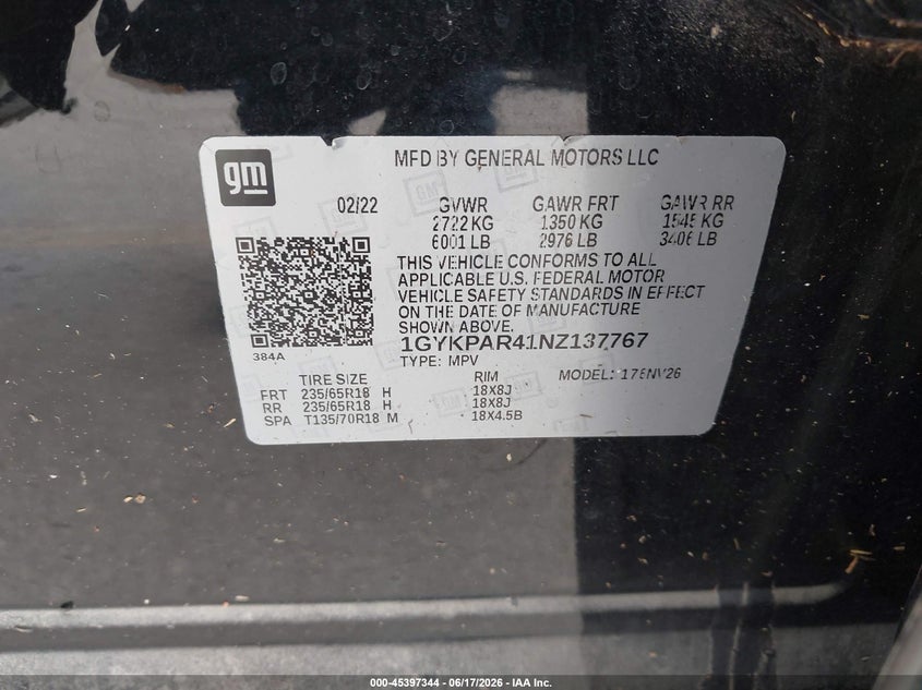 2022 Cadillac Xt6 VIN 1GYKPAR41NZ137767 IAAI salvage auction — WATER/FLOOD, Salvage Title, sold $8,050 on 2026-08-27 (photo 9)