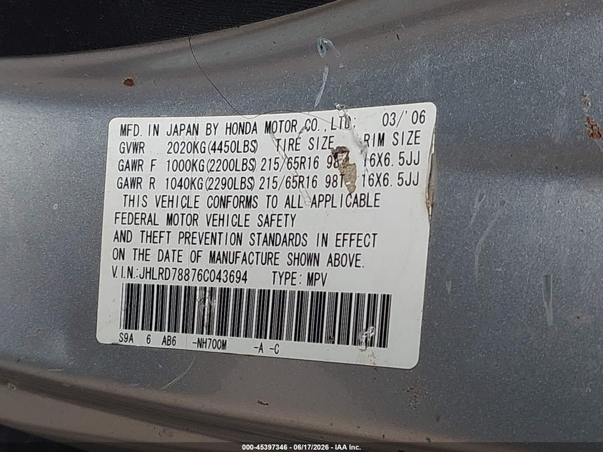 2006 Honda Cr-v VIN JHLRD78876C043694 IAAI salvage auction — FRONT END, Mv-907A (New York), sold $450 on 2026-07-07 (photo 9)