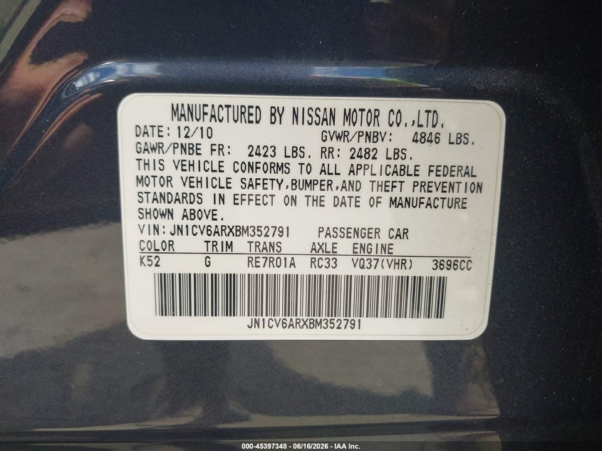 2011 Infiniti G37 VIN JN1CV6ARXBM352791 IAAI salvage auction — FRONT END, Salvage (Massachusetts), sold $425 on 2026-07-28 (photo 9)