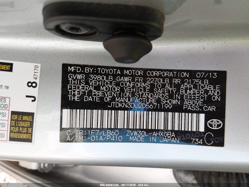 2013 Toyota Prius VIN JTDKN3DU2D5671199 IAAI salvage auction — RIGHT FRONT, Salvage Title, sold $2,600 on 2026-07-22 (photo 9)