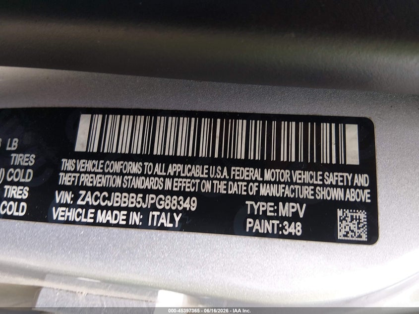2018 Jeep Renegade VIN ZACCJBBB5JPG88349 IAAI salvage auction — LEFT FRONT, Salvage (Mississippi), sold $1,050 on 2026-08-06 (photo 9)