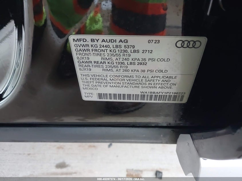 2023 Audi Q5 VIN WA1BBAFY1P2196223 IAAI salvage auction — FRONT END, Original (Texas), sold $18,375 on 2026-07-17 (photo 9)