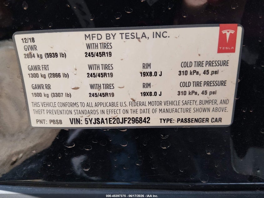 2018 Tesla Model s VIN 5YJSA1E20JF296842 IAAI salvage auction — UNDERCARRIAGE, Clear (Oklahoma), sold $8,500 on 2026-09-03 (photo 9)