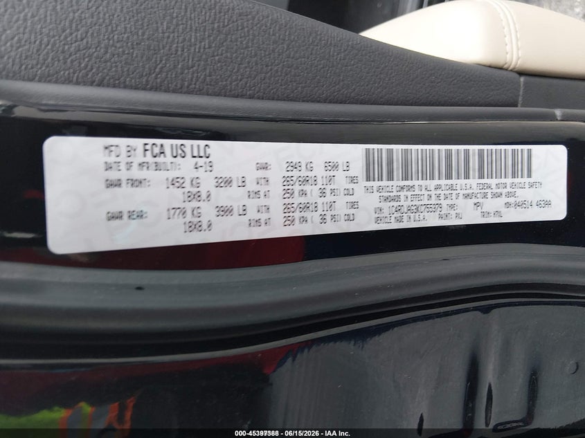 2019 Dodge Durango VIN 1C4RDJAG3KC755979 IAAI salvage auction — NORMAL WEAR, Sf97 (Maryland), sold $13,075 on 2026-07-31 (photo 9)